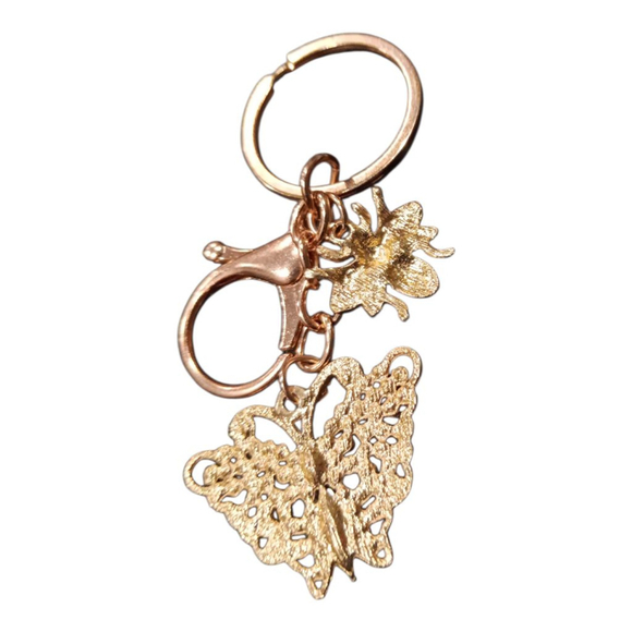 Beautiful Ruby Rhinestone Butterfly Bumblebee Gold Tone Keychain Purse Charm - Picture 5 of 9